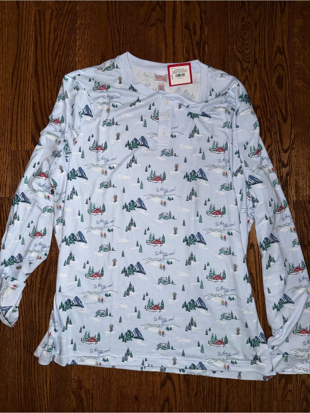 Wondershop Light Blue Henley Top with Scenic Cabin Print